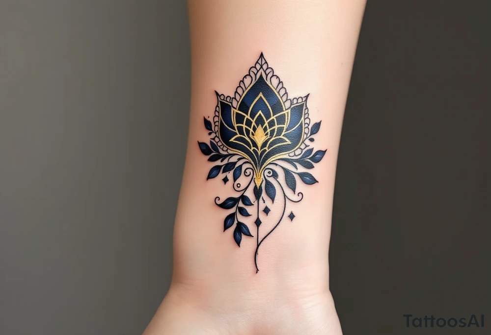 Art Deco Stafford – A stylized design with elegant symmetry and gold and deep navy tones, inspired by Art Deco architecture. tattoo idea