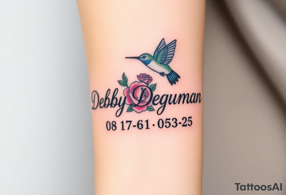 Cursive name Debby Deguzman surrounded by a hummingbird a rose and these dates 08-17-61 to 05-29-25 tattoo idea