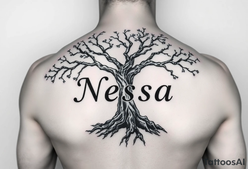 the name Nessa in a live tree tattoo idea