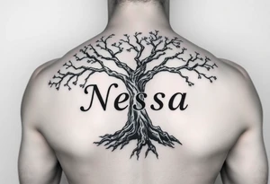 the name Nessa in a live tree tattoo idea