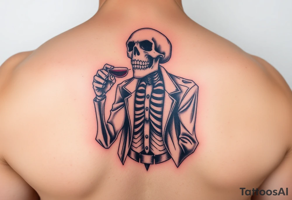 evil skeleton in clothes getting drunk tattoo idea