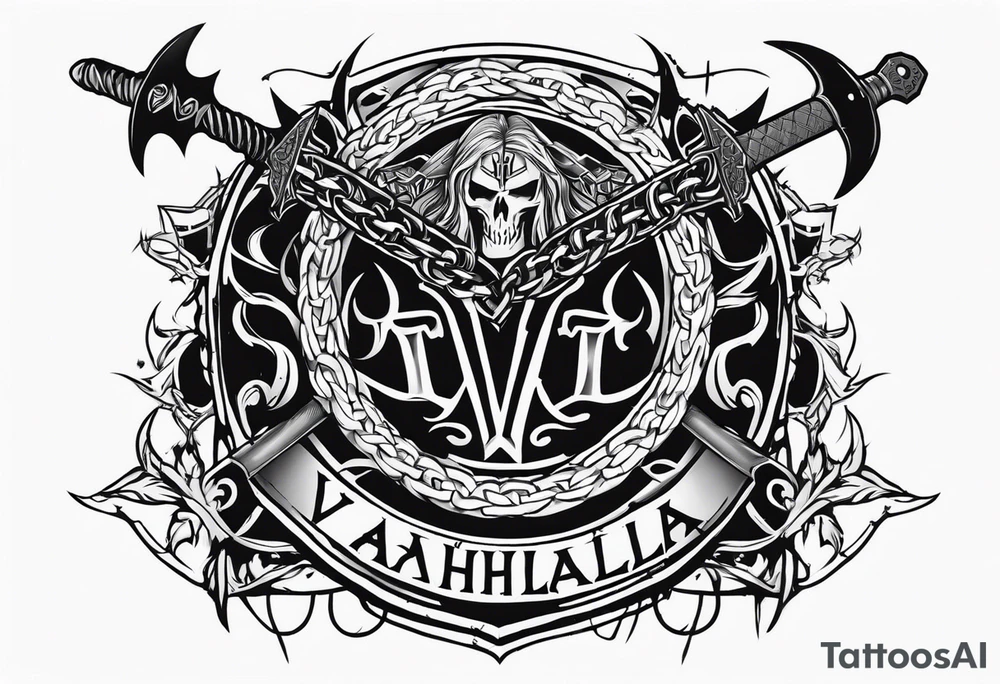 Valhalla sword round shield axe barbed wire chains tattoo idea