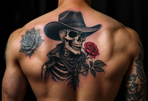 a full body skeleton cowboy gunslinger with a rose in his mouth. tattoo idea