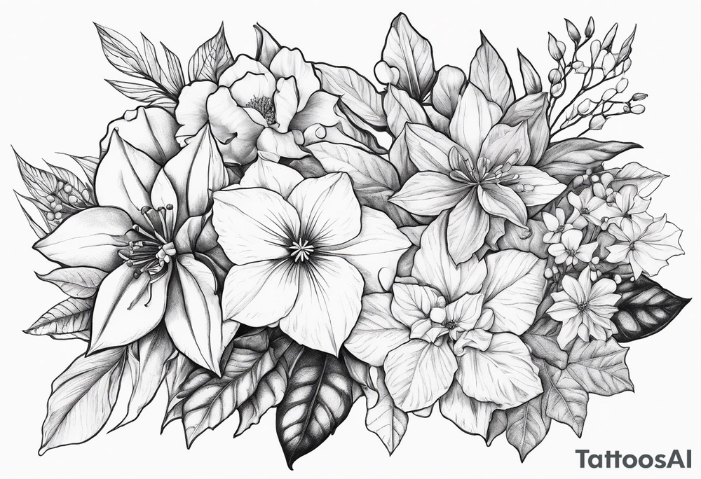 Narcissus, Poinsettia, Holly, Gladiolus, Poppy, Daisy, Sweet Pea and Hydrangea Floral Bouquet tattoo idea