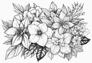 Narcissus, Poinsettia, Holly, Gladiolus, Poppy, Daisy, Sweet Pea and Hydrangea Floral Bouquet tattoo idea