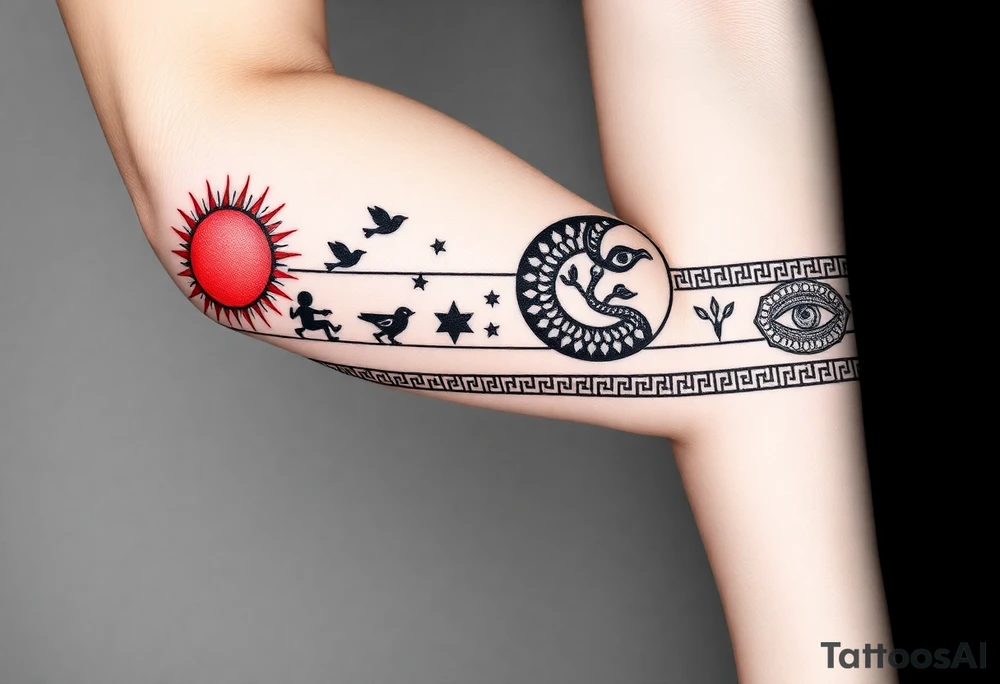 Greek meander tattoo band for forearm, long horizontal design (not a circle), intricate black and red ink. Left side (day): red sun with sharp rays, tiny running human silhouettes, birds. Right side (night): black crescent moon, stars, ouroboros snake. All elements are stylized as part of the meander pattern — symbols emerge from the geometric lines. Hidden details: small all-seeing eye, Tree of Life branches woven into the meander. High-contrast line art, no shading, no background. Inspired by ancient Greek pottery borders, seamless repeat pattern for tattoo sleeve tattoo idea