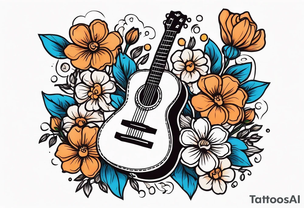old school traditional vintage style design of guitar with flowers surrounding it tattoo idea