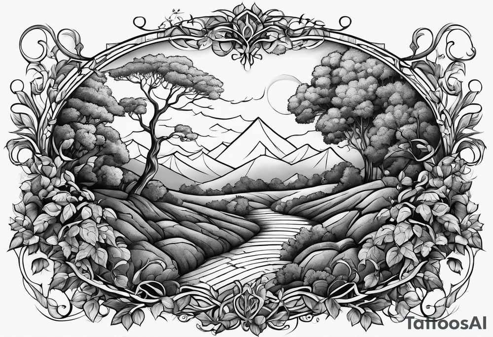 stone road over leafy vines tattoo idea