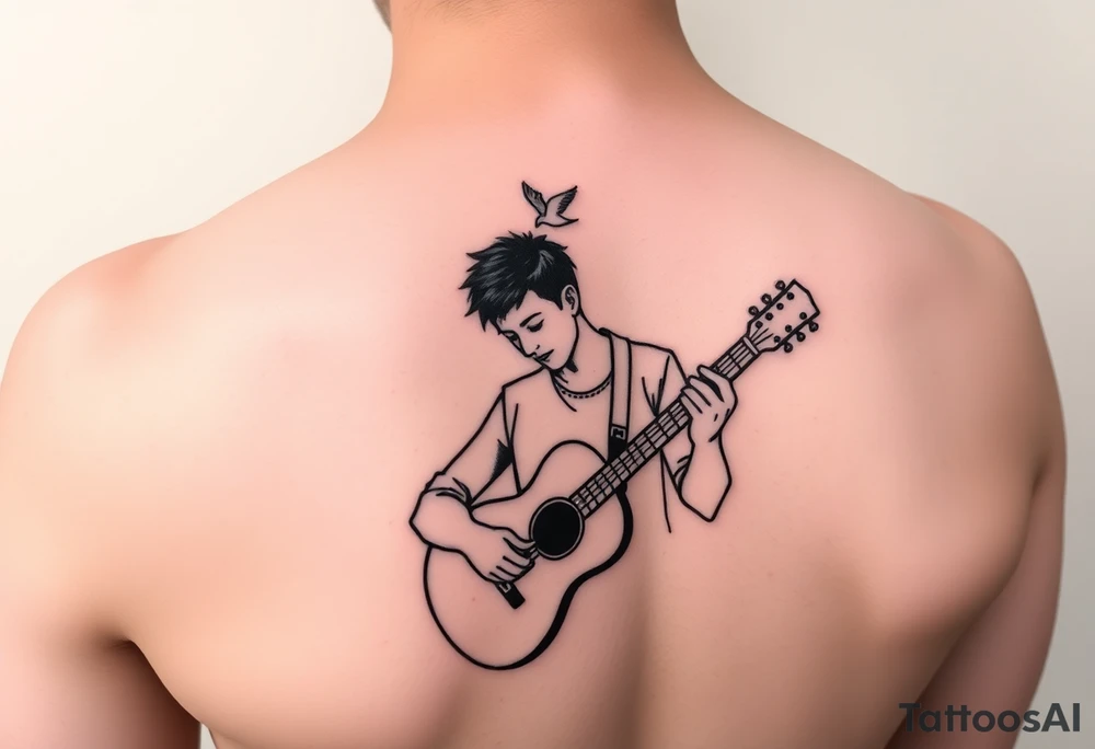 Person playing guitar with top half of head off and a bird flying out of head tattoo idea