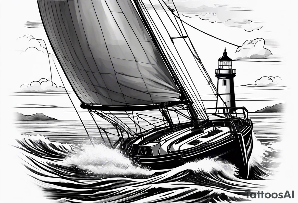front bow sails with lighthouse on board tattoo idea
