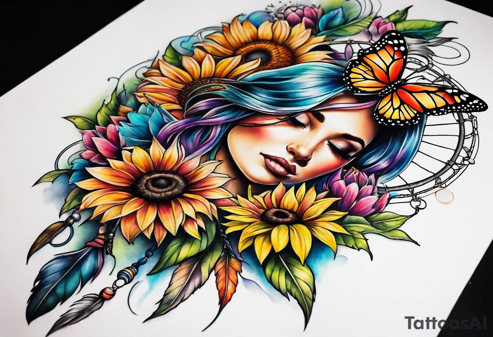 Quarter Leg sleeve with dreamcatcher, rainbow sunflowers and one butterfly tattoo idea