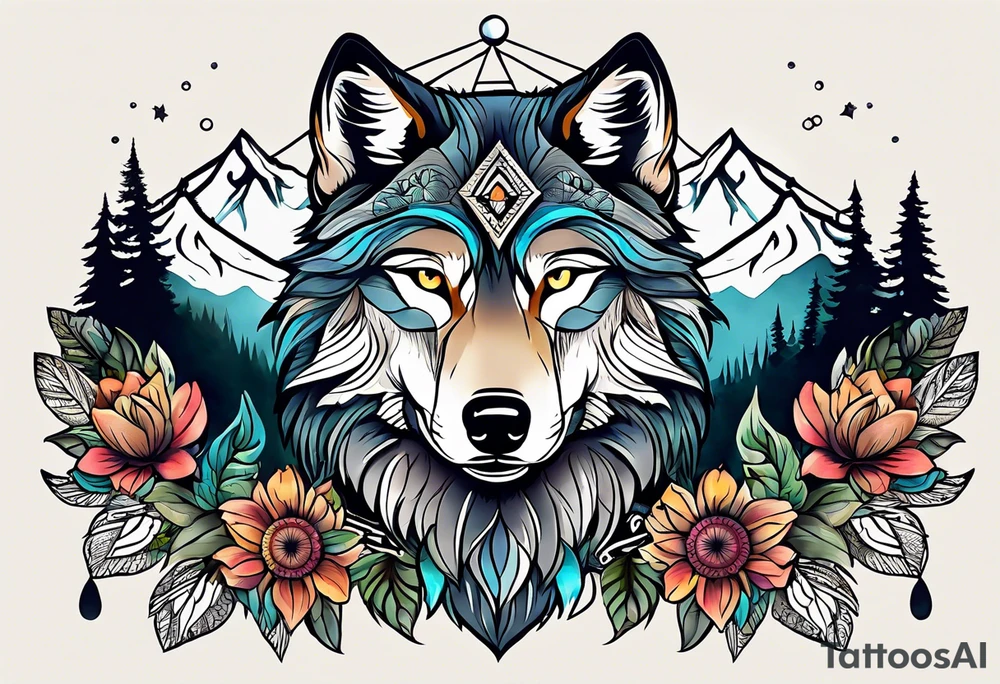 A whimsical wolf tattoo featuring mandala or dream catcher elements, with the wolf as the central focus, surrounded by mountains in the background. Include flowers and nature elements to fill the space around the wolf. tattoo idea
