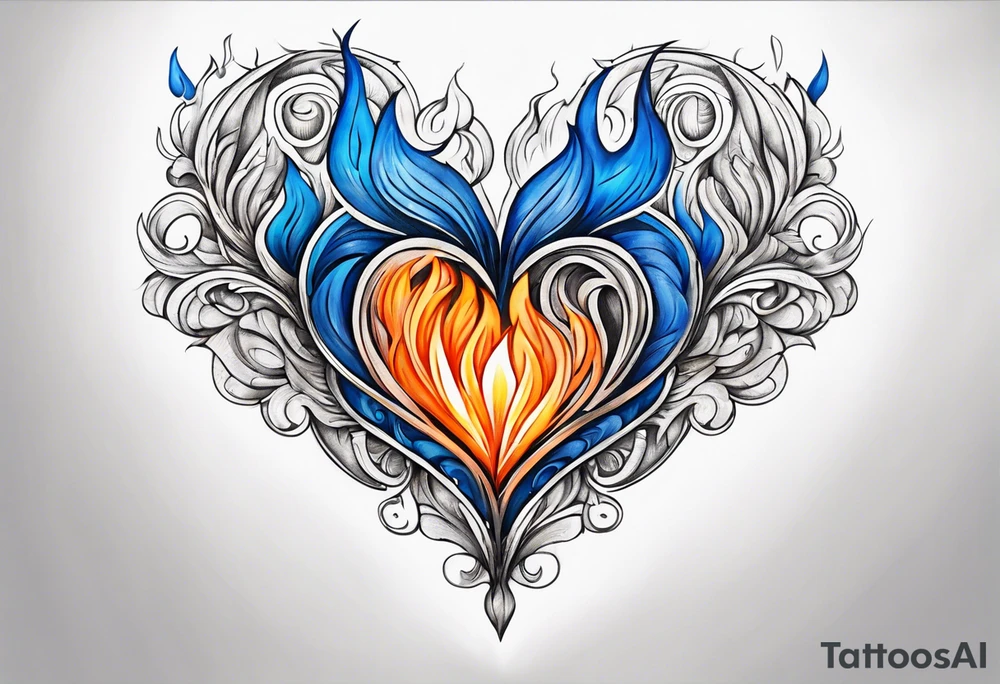 blue and orange flame in a heart shape tattoo idea