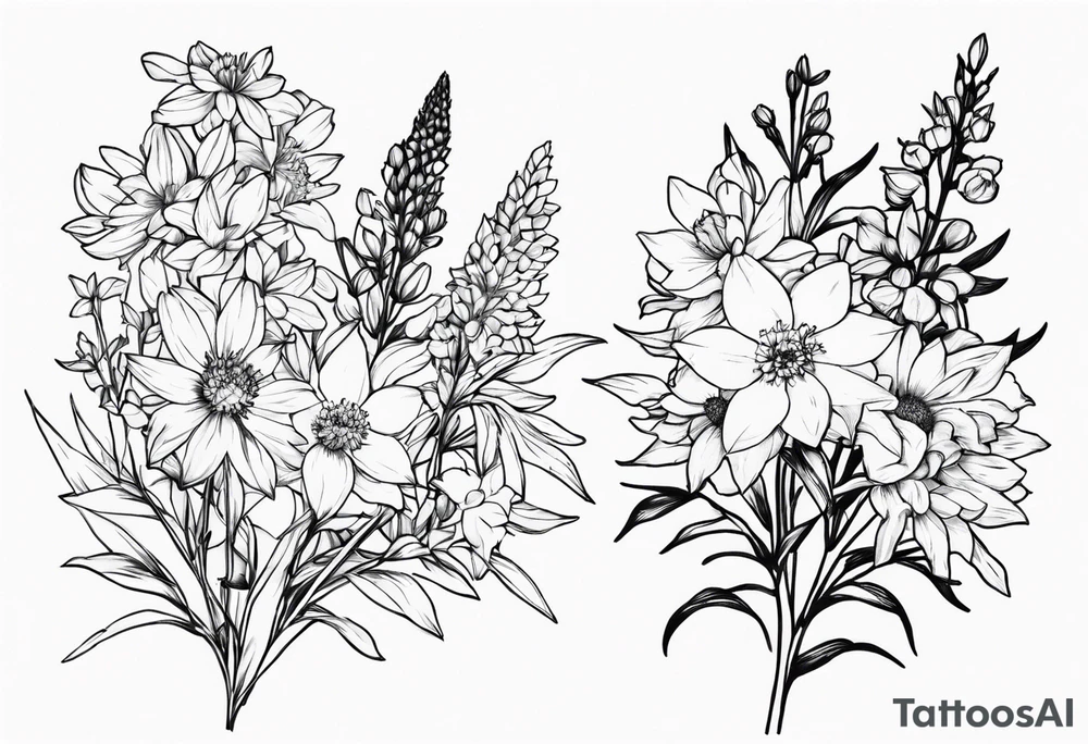 Aster and  delphinium tall bouquet tattoo idea