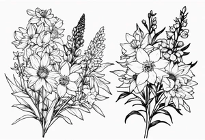 Aster and  delphinium tall bouquet tattoo idea