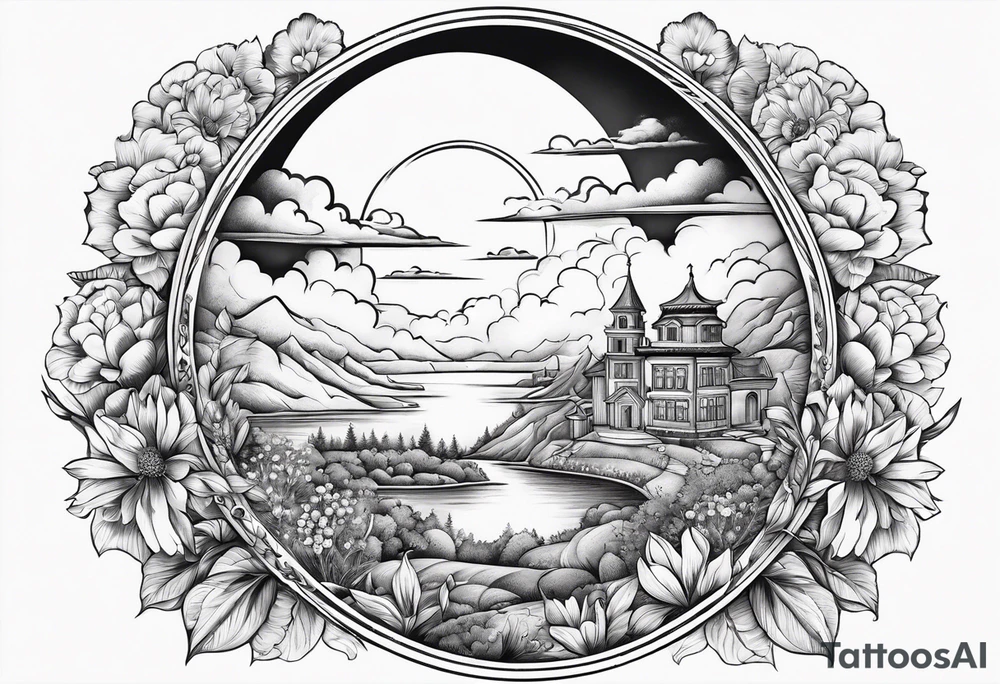 heaven town in circle vignette surrounded by clouds flowers tattoo idea heaven town in circle vignette surrounded by clouds flowers tattoo idea