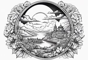 heaven town in circle vignette surrounded by clouds flowers tattoo idea