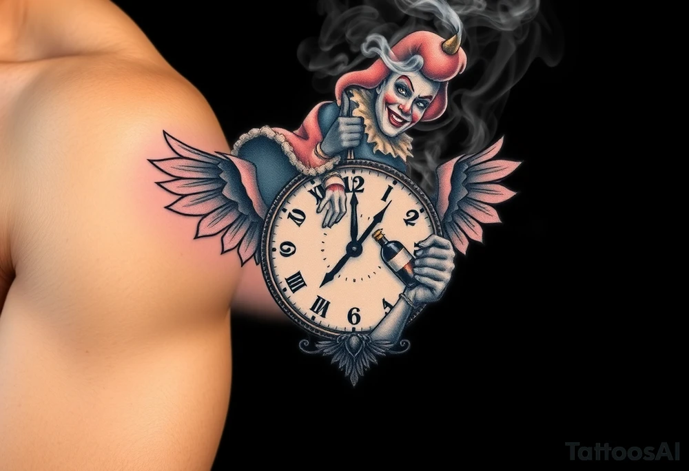 a jester clown floating in smoke with a  clock, the time says 420,  with two open wings besides the clock, smoke as the spring rising from the clock, a jester clown coming out the smoke, smoking in one hand with a liquor bottle on the other hand tattoo idea