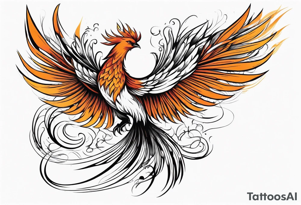 Tattoo: A powerful, majestic phoenix, depicted mid-flight or rising, with wings extended and feathers flowing. Deep shading and intricate details to bring out the texture and motion of the feathers. tattoo idea