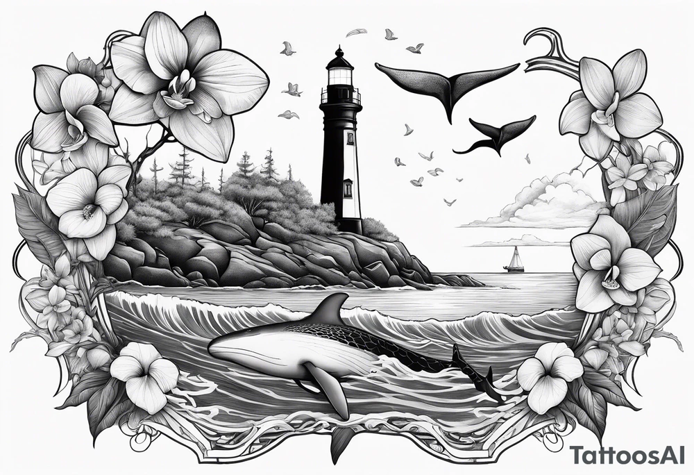 Lighthouse on a beach with a humpback whale's tail sticking out of the water of the ocean with a border containing an anchor and orchids tattoo idea