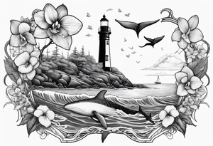 Lighthouse on a beach with a humpback whale's tail sticking out of the water of the ocean with a border containing an anchor and orchids tattoo idea