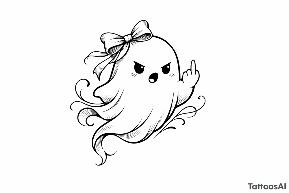 Playful ghost with a ribbon, middle finger raised, minimalist design. tattoo idea