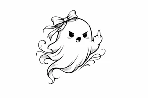 Playful ghost with a ribbon, middle finger raised, minimalist design. tattoo idea