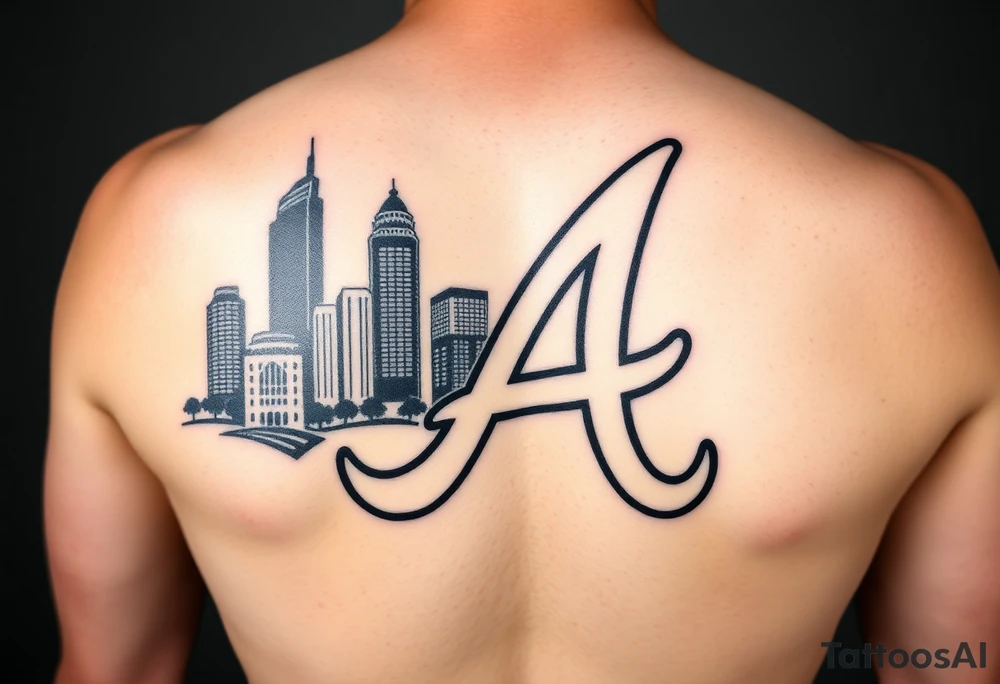 Atlanta Braves letter logo “A” overlapping the Atlanta skyline in the back on the left. The buildings as concise and jam packed parallel the the logo. tattoo idea