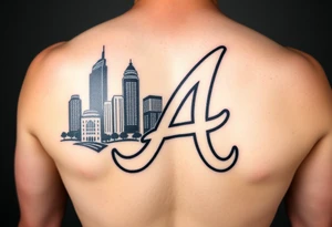 Atlanta Braves letter logo “A” overlapping the Atlanta skyline in the back on the left. The buildings as concise and jam packed parallel the the logo. tattoo idea