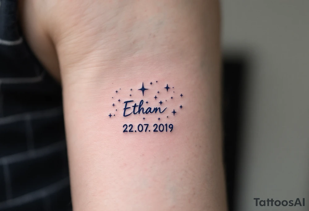 Ethan 22. 07. 2019 – Bold navy blue and silver stars scattered across a night sky, with Ethan's birthdate in a white, handwritten font. tattoo idea