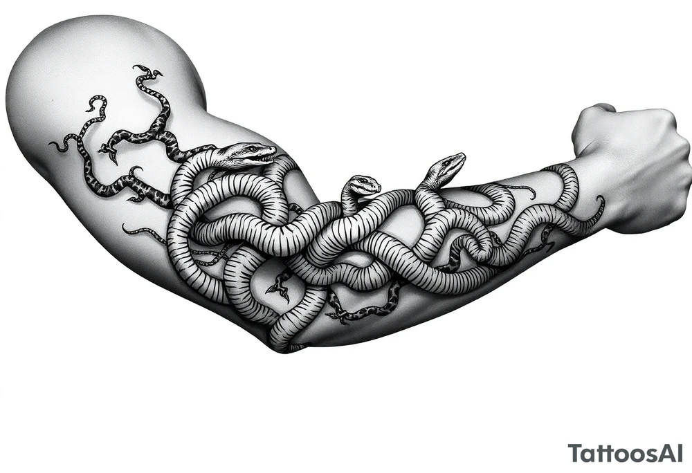 A big vine that splits wrapping around my arm with snakes climbing up it tattoo idea