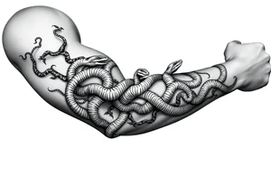 A big vine that splits wrapping around my arm with snakes climbing up it tattoo idea