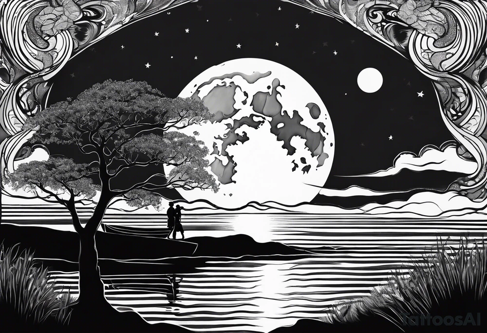 Silouhette of two people on beach water with moon tattoo idea