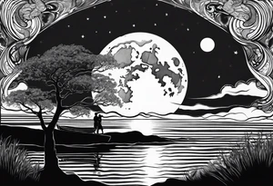 Silouhette of two people on beach water with moon tattoo idea