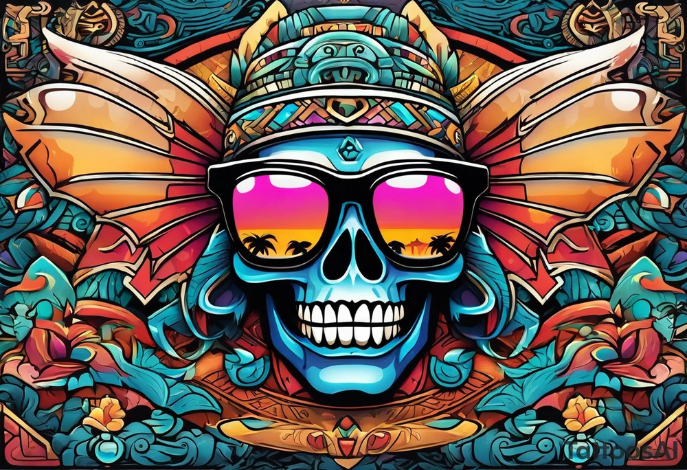 Colorful Mayan hieroglyph wearing sunglasses with bats and water tattoo idea