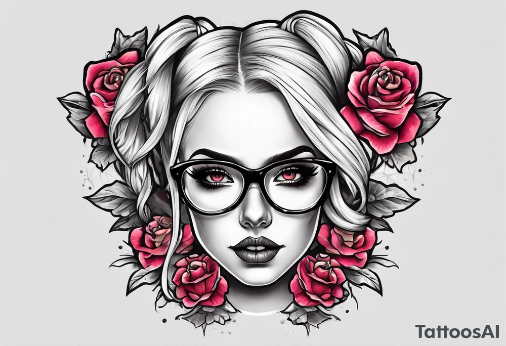 create a feminine skull with two blonde pigtails and crossbones under wearing glasses tattoo idea