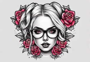create a feminine skull with two blonde pigtails and crossbones under wearing glasses tattoo idea
