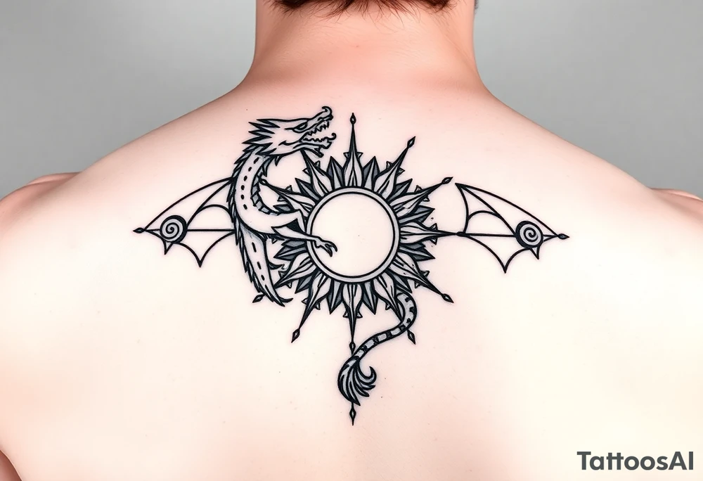 A symbolic back tattoo featuring a minimalist tribal-style dragon wrapped around a radiant sun, incorporating Amazigh (Berber) symbols for strength, freedom, and identity. The design should reflect themes of transformation, grounding, and soul direction, resonating with a journey of inner rebirth and spiritual embodiment. Style: fine linework, sacred geometry, tribal influence, and dotwork. Ink: black or dark brown. tattoo idea