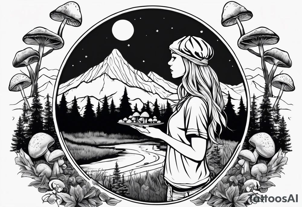 Whole picture encircled fully

Straight long blonde hair hippie girl in distance holding mushrooms in hand facing away toward mountains and creek surrounded by mushrooms tee shirt and hiking pants; whole rendering within a full circle, no cut off circle tattoo idea