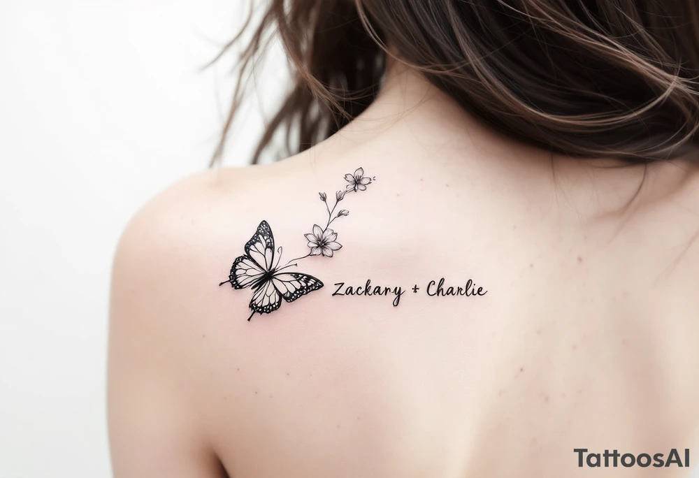 flowers, butterfly with name Zackary and Charlie tattoo idea