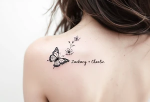 flowers, butterfly with name Zackary and Charlie tattoo idea