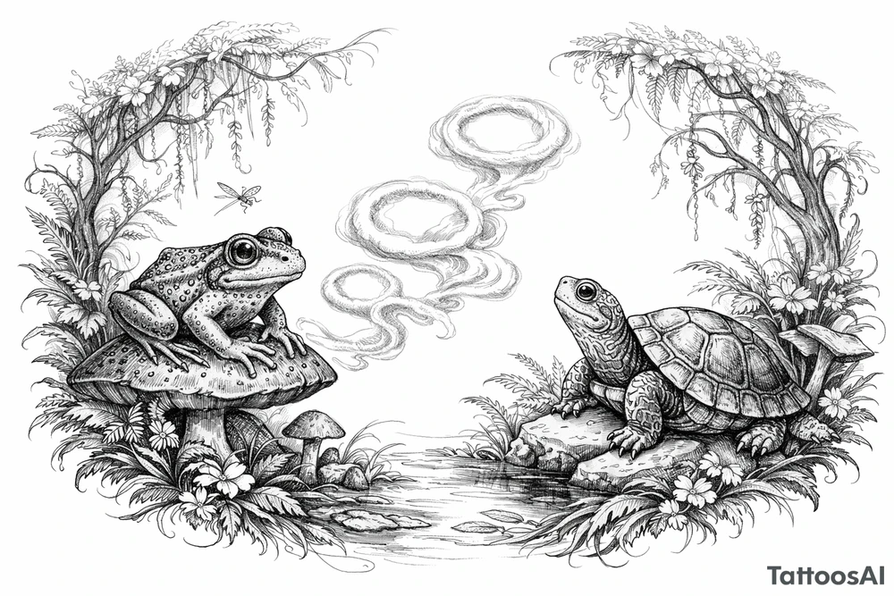 Mystical forest scene with a frog and turtle, smoke rings, soft colors. tattoo idea