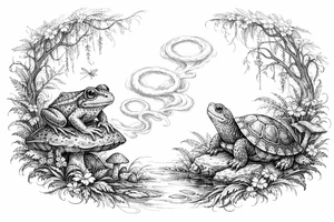 Mystical forest scene with a frog and turtle, smoke rings, soft colors. tattoo idea