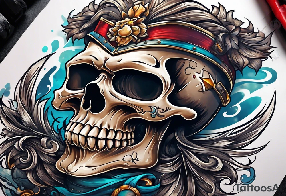 Skull with hair, smiling and having an axe in his hand. tattoo idea
