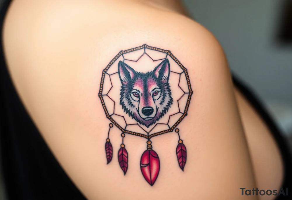 A wolf’s paw print in the center of a dreamcatcher, with the wolf’s face subtly peeking through. The dreamcatcher threads are light brown, and the paw print is shaded in dark pink with hints of violet around the edges. tattoo idea