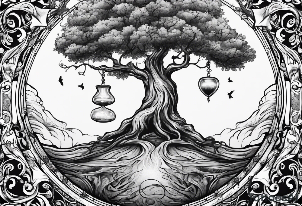 tattoo drawing of a tree with the roots coming out of a hour glass tattoo idea