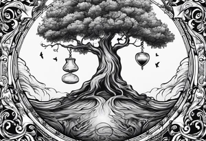 tattoo drawing of a tree with the roots coming out of a hour glass tattoo idea