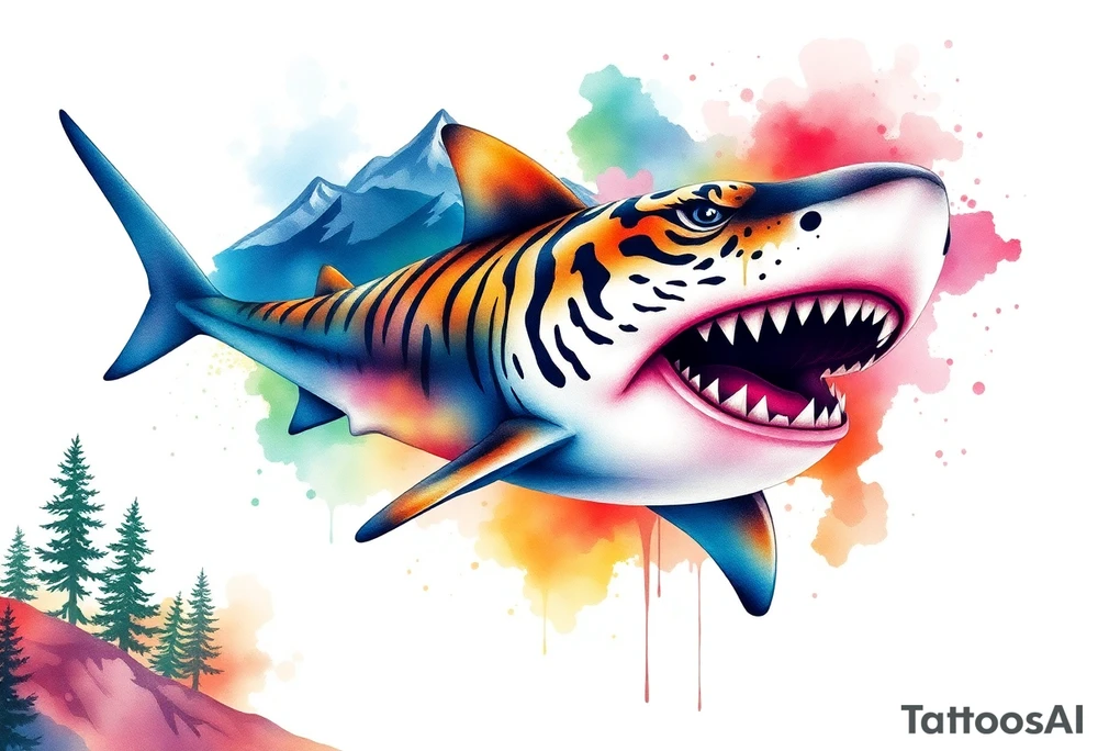 forest mountains and tiger sharks, tattoo idea