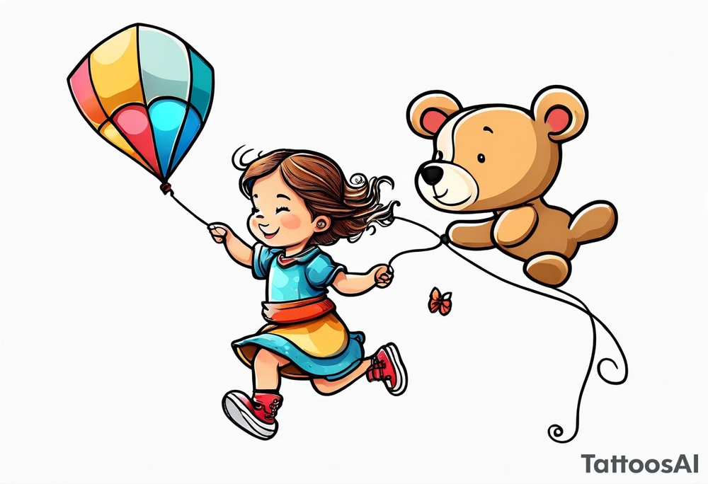 whimsical picture of a little girl flying a kite and holding a teddy bear tattoo idea