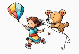 whimsical picture of a little girl flying a kite and holding a teddy bear tattoo idea